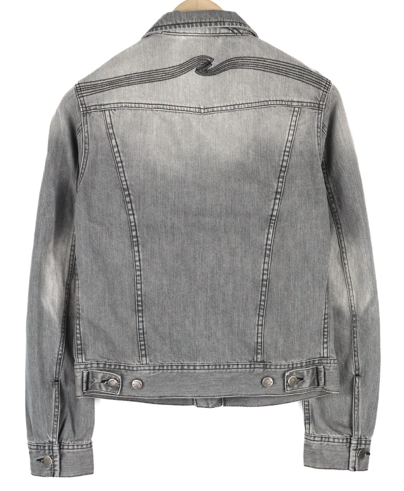 NUDIE JEANS Conny vyriška striukė S su saulės išblukinta juoda sagomis išblukusi pilka džinsinė 