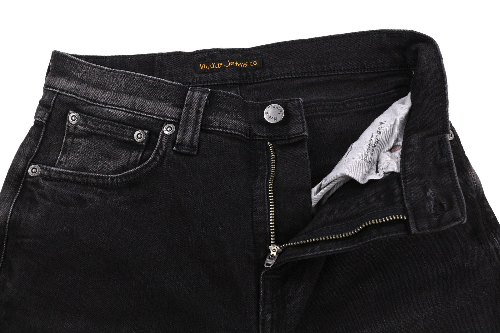 NUDIE JEANS Pipe Led moteriški džinsai W27/L30 Dėvėti juodi ekologiški ploni džinsai 