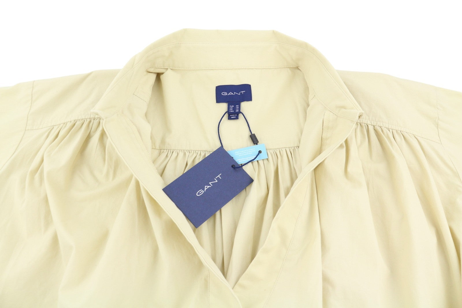 GANT Lux Poplin Popover moteriška palaidinė EU46 dykumos smėlio spalvos V formos iškirpte, 3/4 rankovėmis 