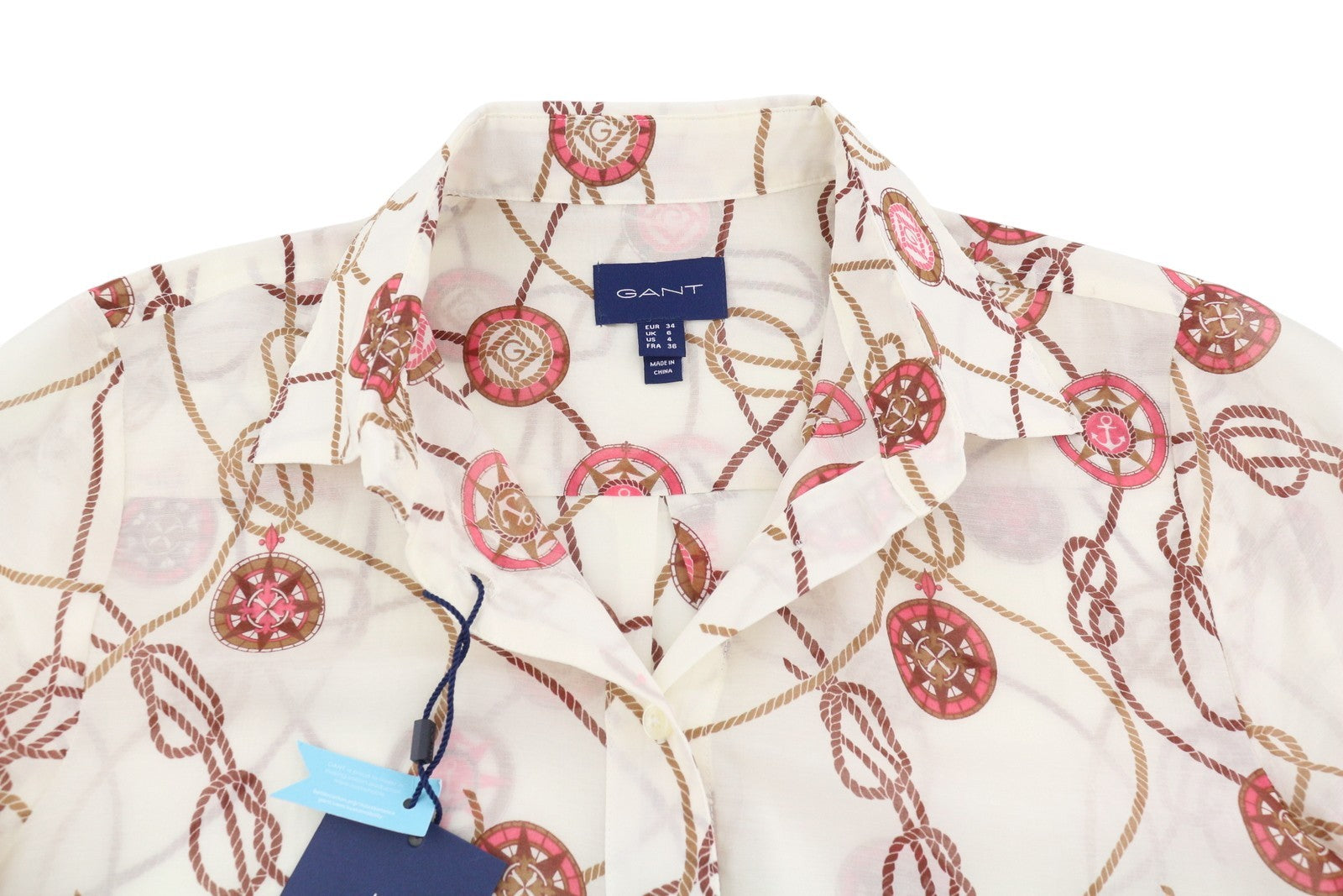 GANT buriavimo rašto šilkinis moteriškas marškinėlis, EU34, baltas, sagomis užsegamas, platėjančia apykakle. 