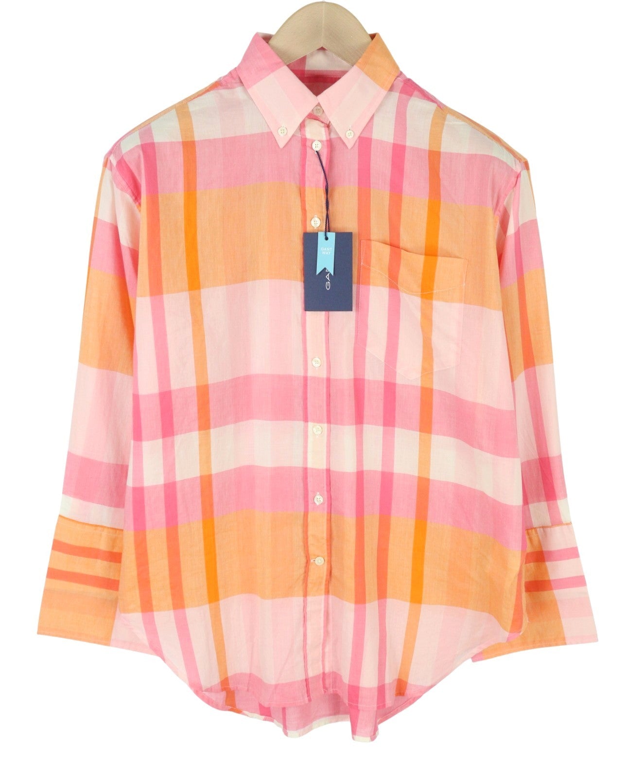 GANT Rel Wide Cuff Madras Women Shirt EU34 Preppy Pink Button-Down Neck Casual