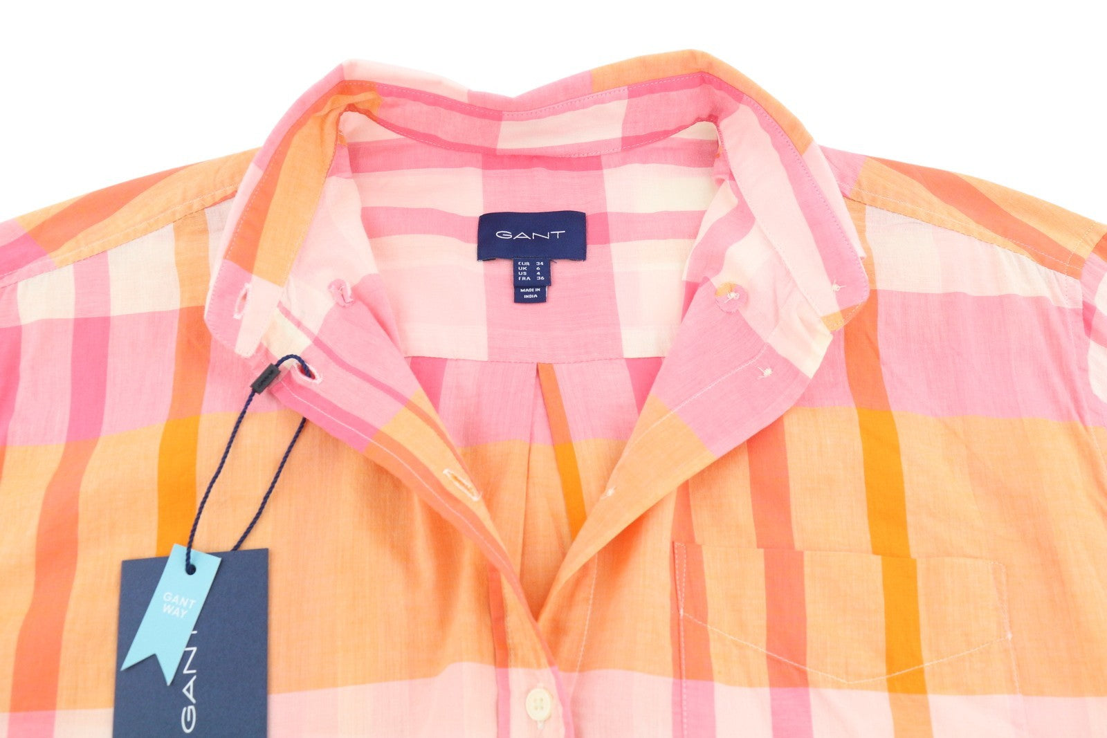 GANT Rel Wide Cuff Madras Women Shirt EU34 Preppy Pink Button-Down Neck Casual