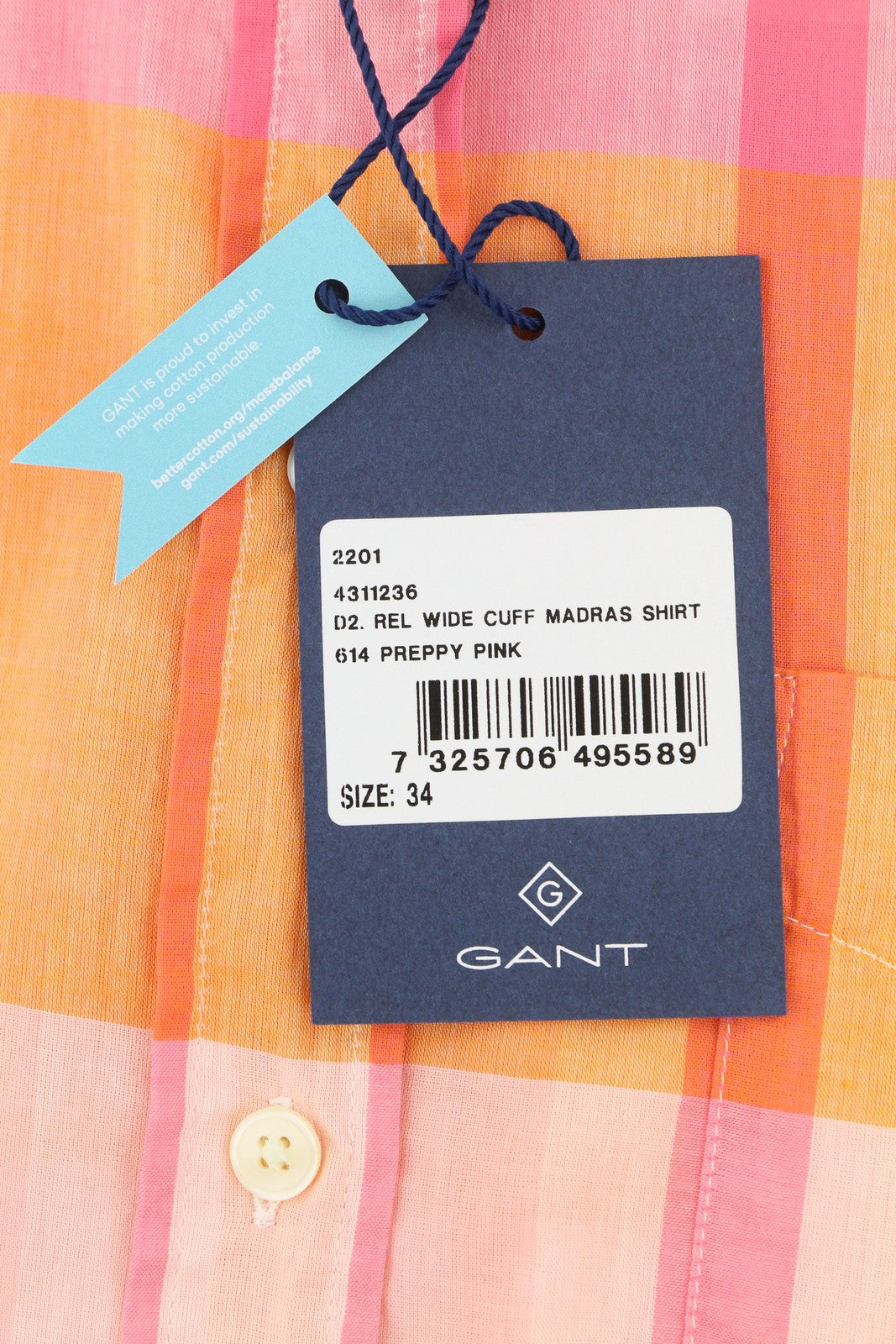 GANT Rel Wide Cuff Madras Women Shirt EU34 Preppy Pink Button-Down Neck Casual