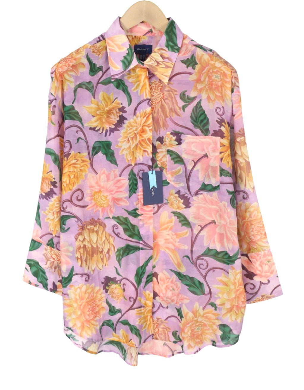 GANT OS Dahlia Print Cot Silk Women Shirt EU44 Crocus Purple Flower Print Thin