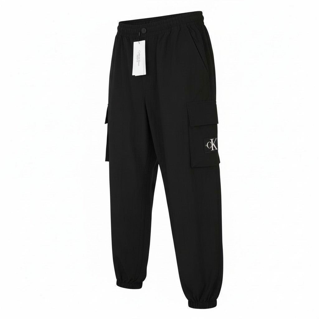 CALVIN KLEIN Utility Cotton Pop Men Trousers S Black Elastic Waist Logo Cargo