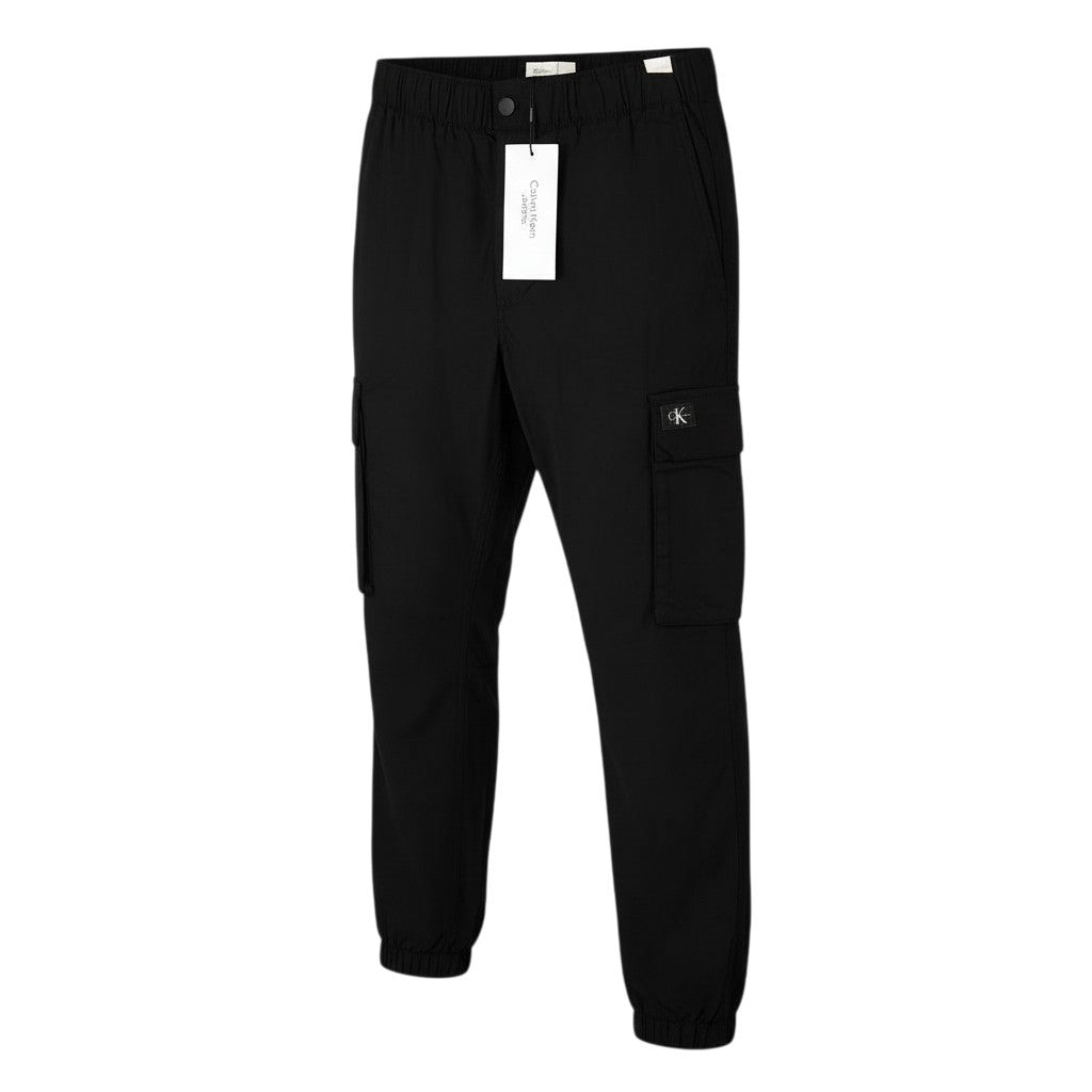 CALVIN KLEIN Men Trousers W32 Black Cargo Elastic Waist Check Patch Pockets