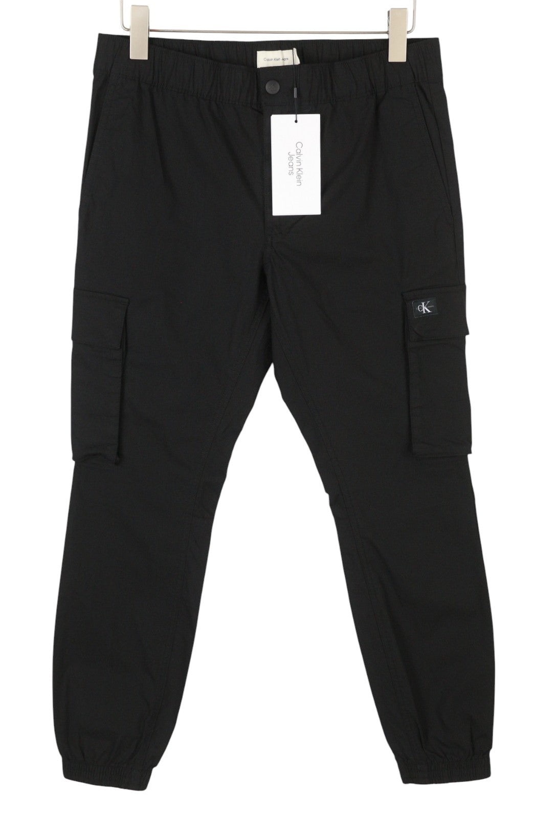 CALVIN KLEIN Men Trousers W32 Black Cargo Elastic Waist Check Patch Pockets