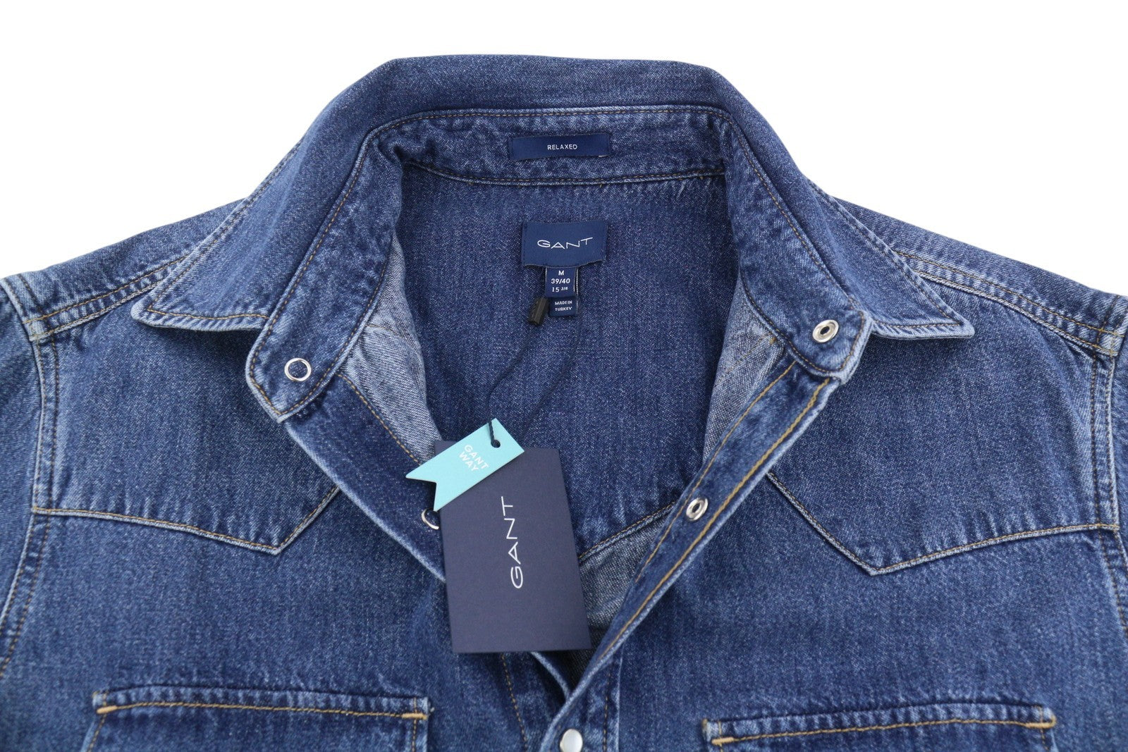 GANT Rel Denim Western Town Men Shirt M Mid Blue Snap Buttons Relaxed RRP199