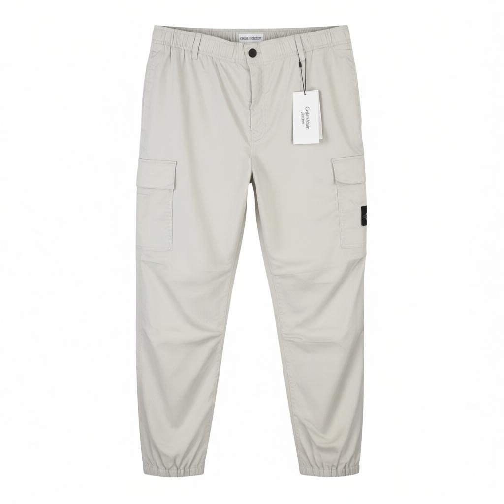 CALVIN KLEIN Straight Cargo Men Trousers L Light Grey Elastic Waist Logo
