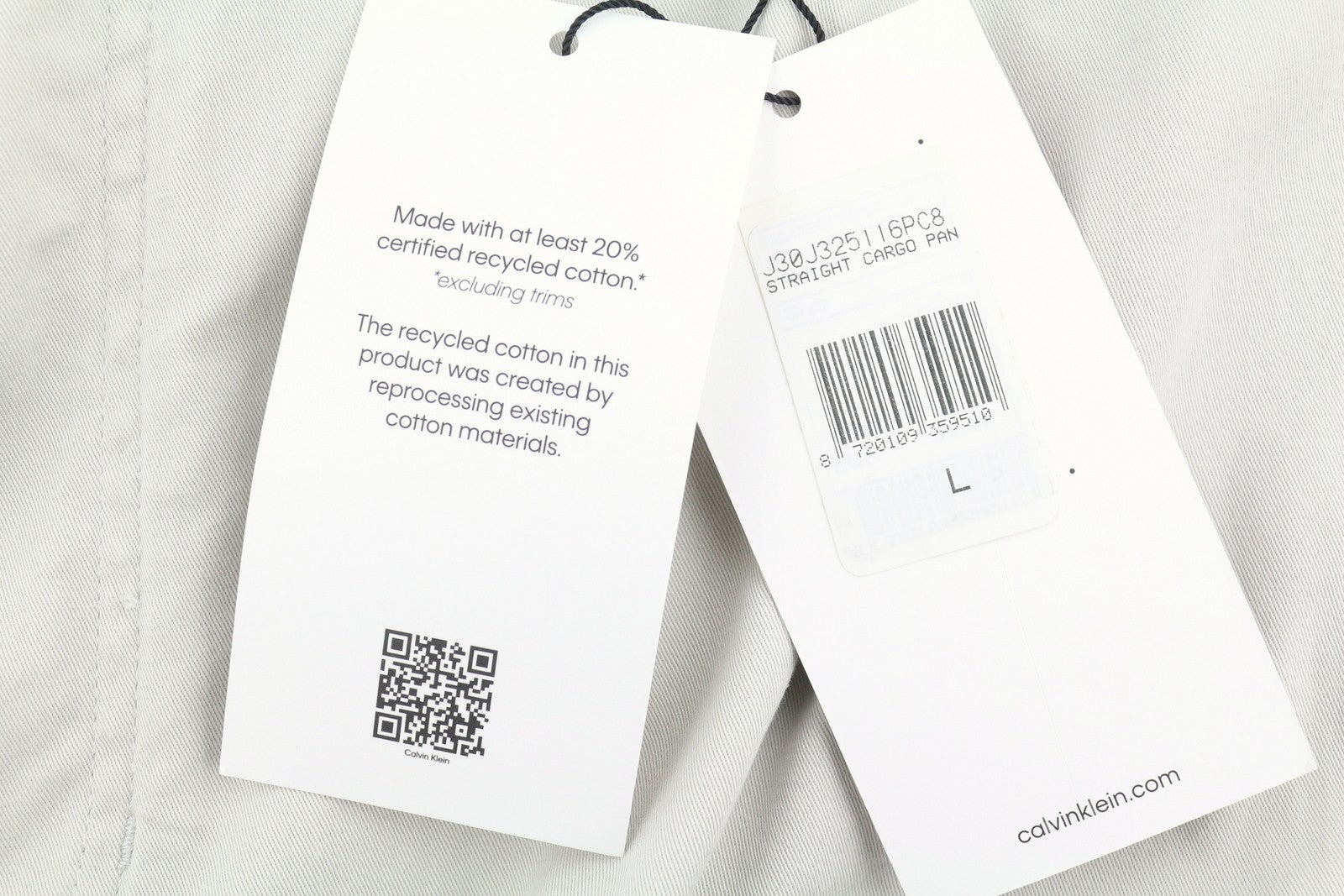 CALVIN KLEIN vyriškos tiesios krovininės kelnės L dydžio, šviesiai pilkos, su elastingu juosmeniu ir logotipu 