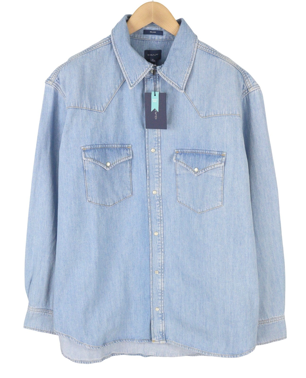 GANT Rel Denim Western Town Men Shirt XL Light Blue Snap Buttons Relaxed RRP199