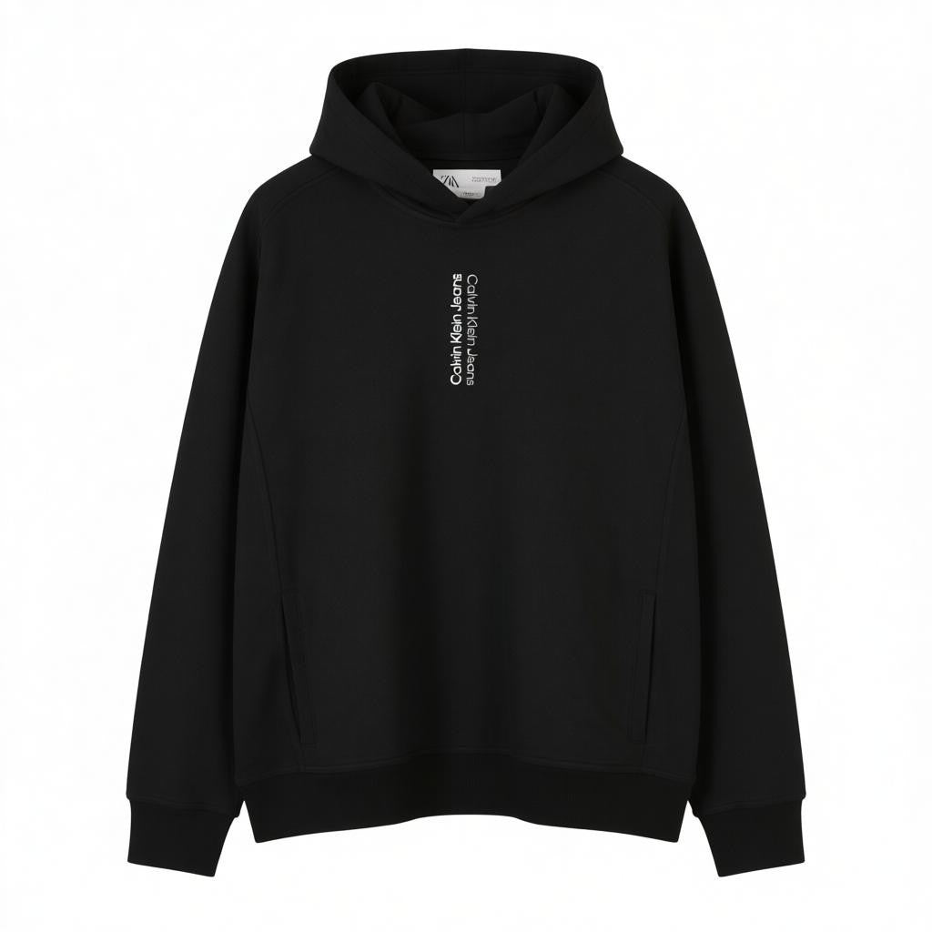 CALVIN KLEIN Men Hoodie XL Black Hooded Pockets Cotton Logo Oversized Pullover
