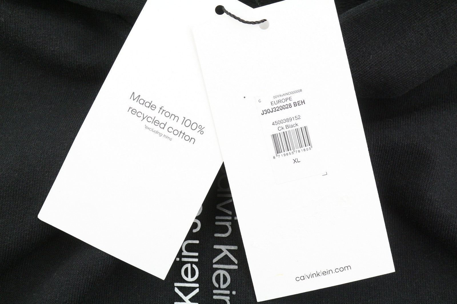 CALVIN KLEIN Men Hoodie XL Black Hooded Pockets Cotton Logo Oversized Pullover