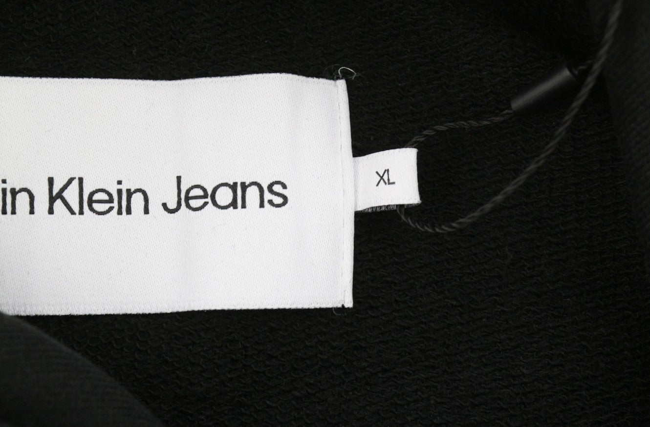 CALVIN KLEIN Men Hoodie XL Black Hooded Pockets Cotton Logo Oversized Pullover