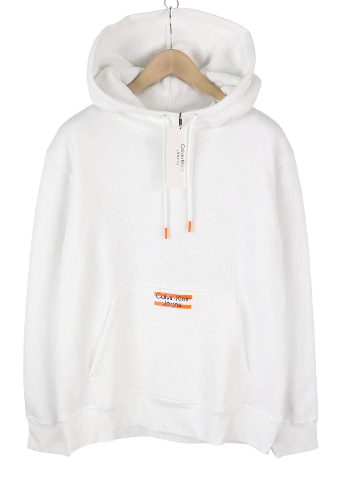 CALVIN KLEIN Men Hoodie XL Bright White Kangaroo Pocket Hooded Logo Pullover