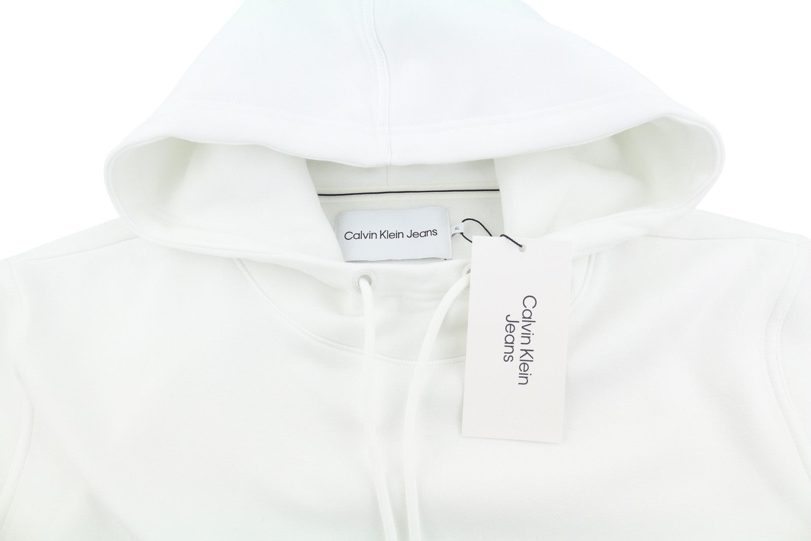 CALVIN KLEIN Men Hoodie XL Bright White Kangaroo Pocket Hooded Logo Pullover