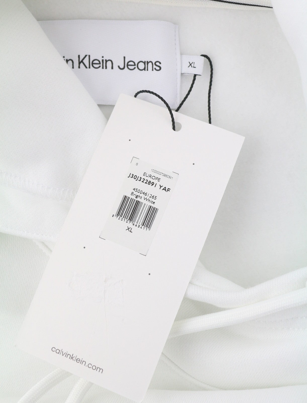 CALVIN KLEIN Men Hoodie XL Bright White Kangaroo Pocket Hooded Logo Pullover