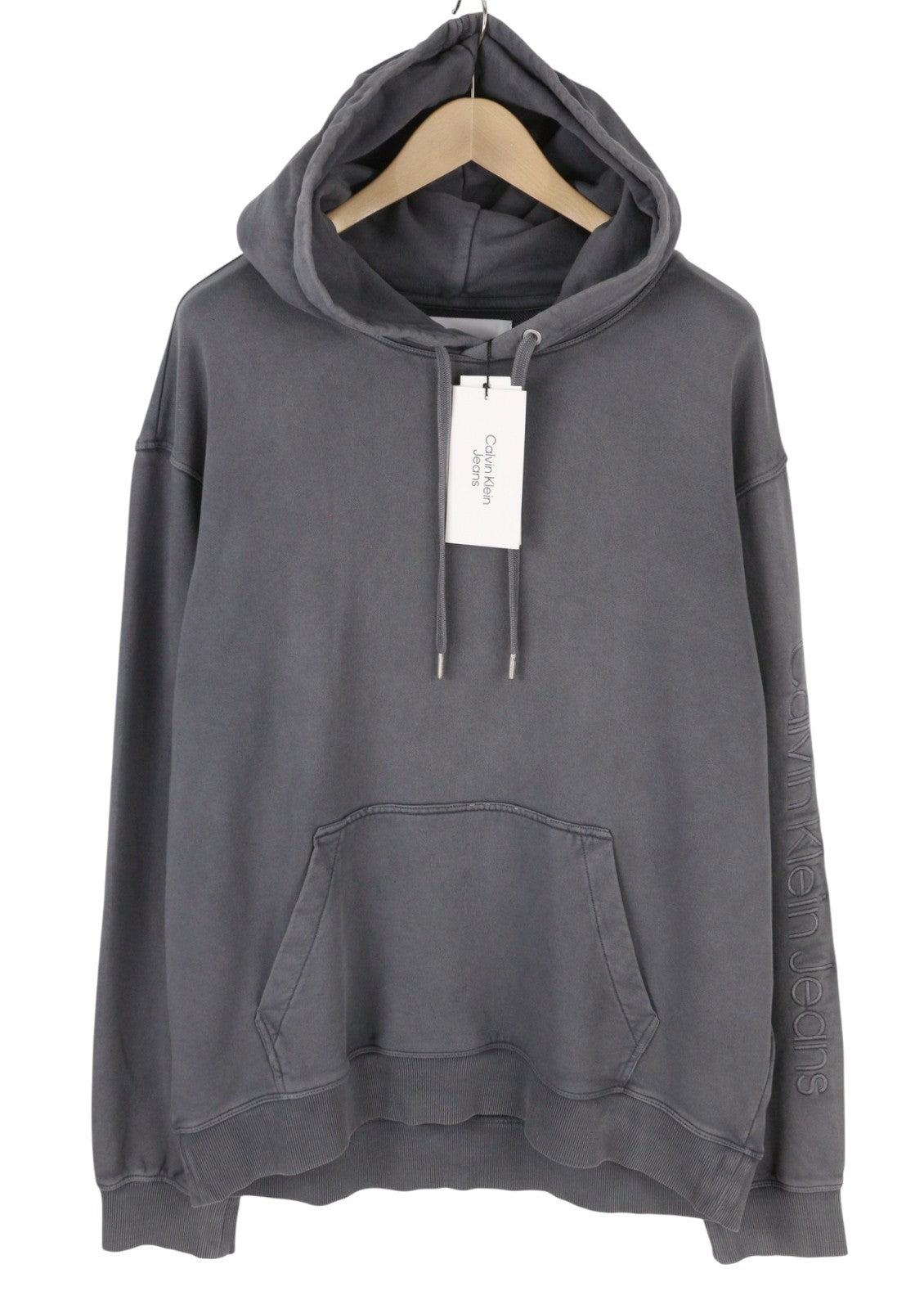 CALVIN KLEIN Men Hoodie 2XL Grey Faded Kangaroo Pocket Embroidered Logo Pullover