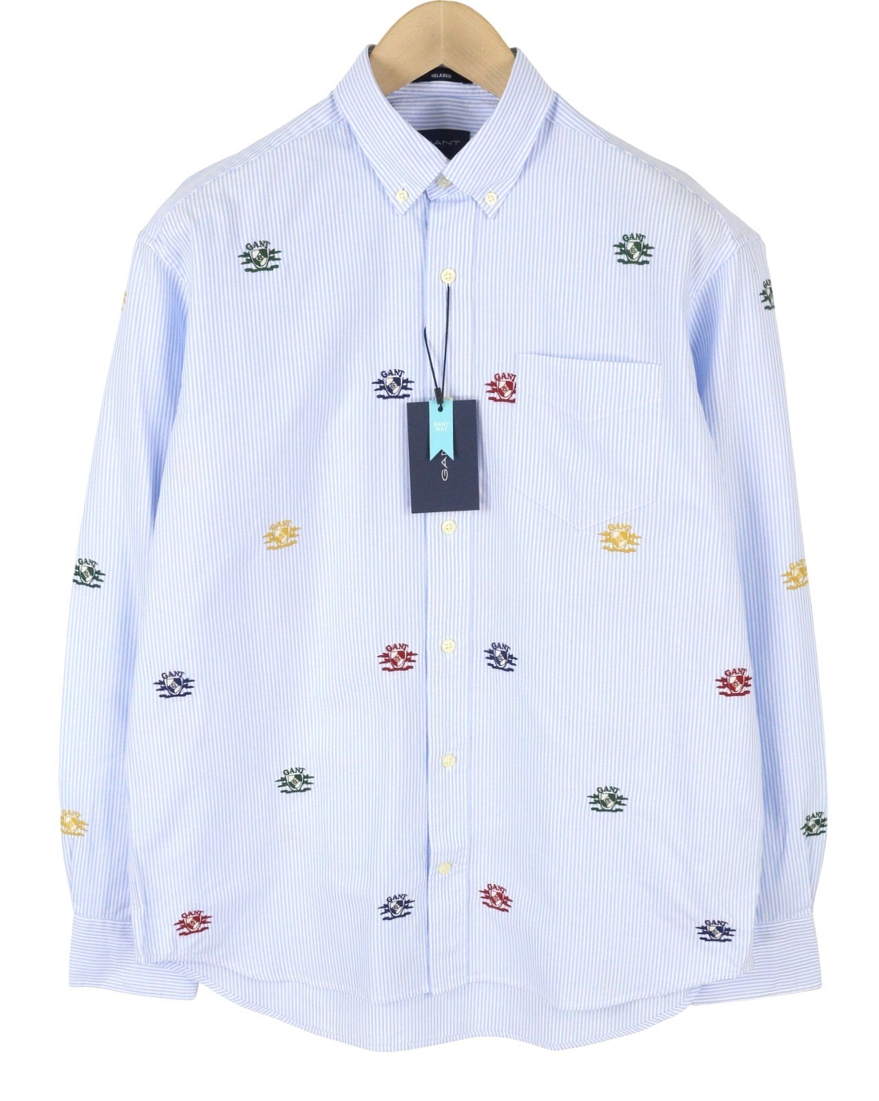 GANT Rel Emb Crest Oxford Men Shirt S Capri Blue Embroidered Striped Relaxed