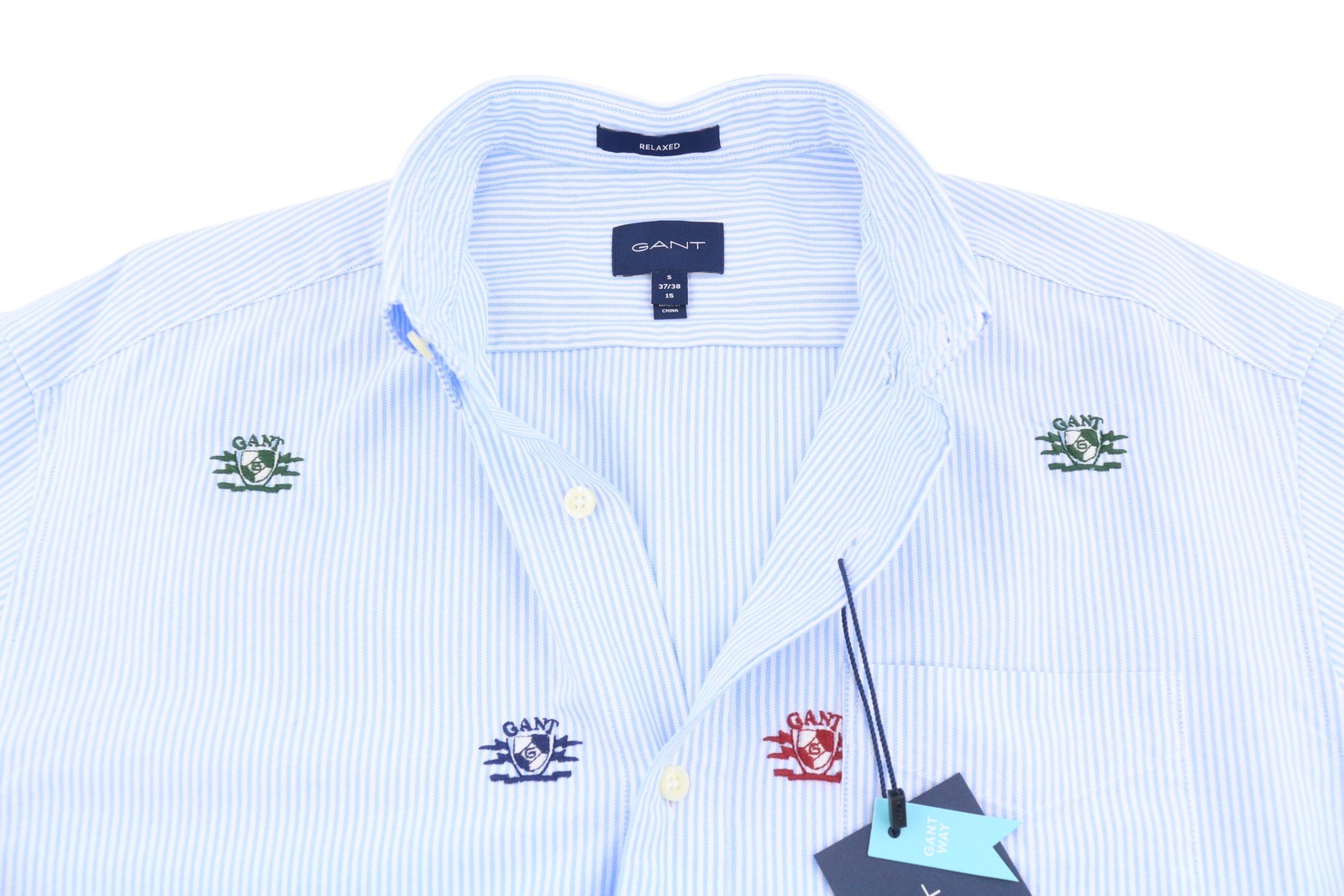 GANT Rel Emb Crest Oxford Men Shirt S Capri Blue Embroidered Striped Relaxed