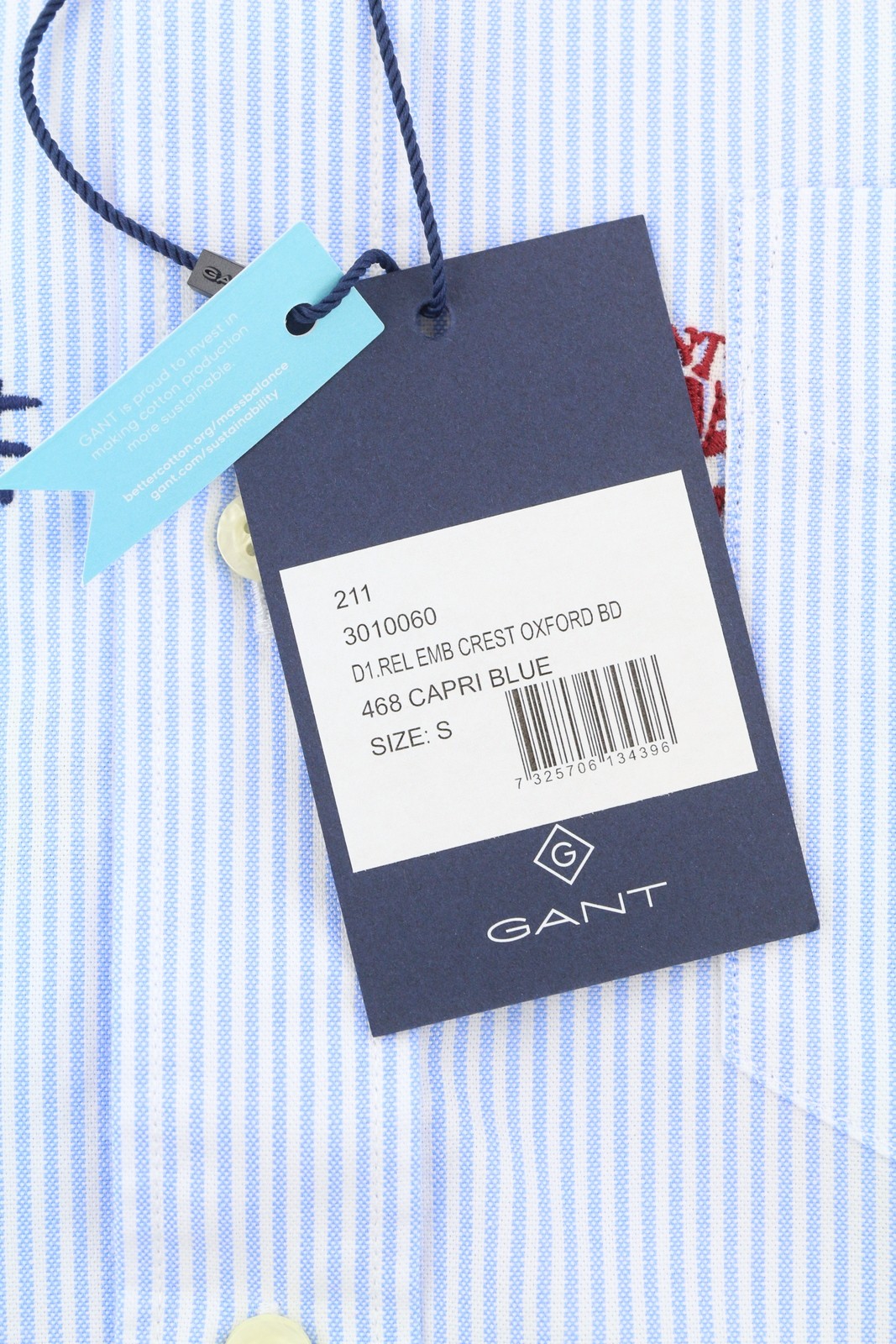 GANT Rel Emb Crest Oxford Men Shirt S Capri Blue Embroidered Striped Relaxed