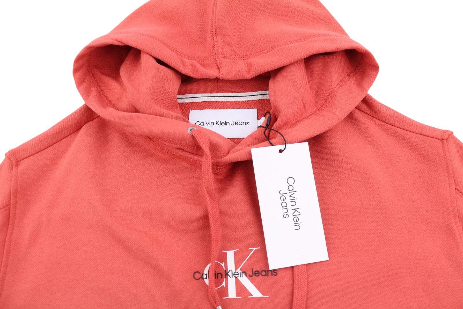 CALVIN KLEIN Men Hoodie L Rhubarb Red Kangaroo Pocket Front Logo Cotton Pullover