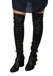 HOGAN Women Shoes EU38.5 Black Leather Over-Knee Buckled High Heel Boots