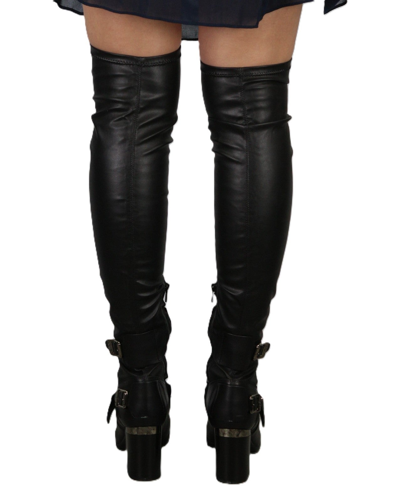 HOGAN Women Shoes EU38.5 Black Leather Over-Knee Buckled High Heel Boots