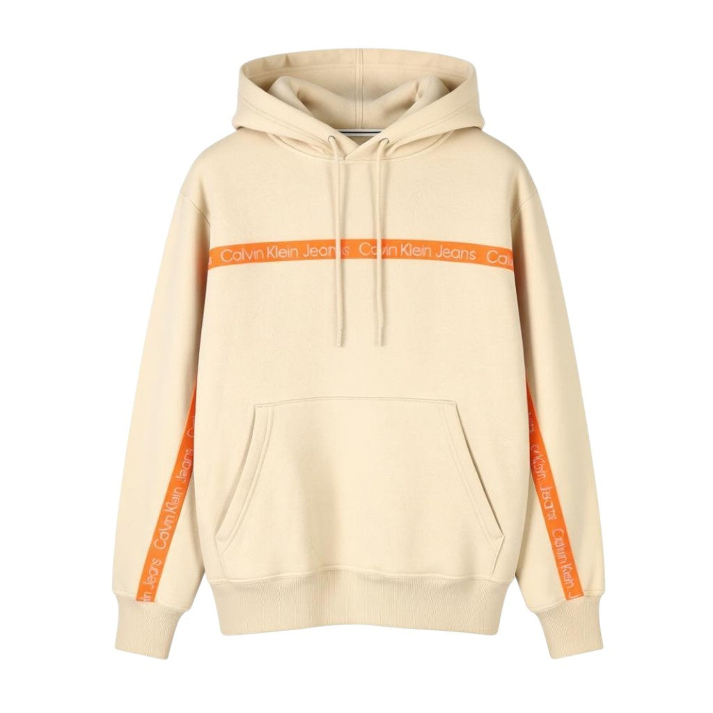 CALVIN KLEIN Men Hoodie M Classic Beige Kangaroo Pocket Logo Hooded Pullover