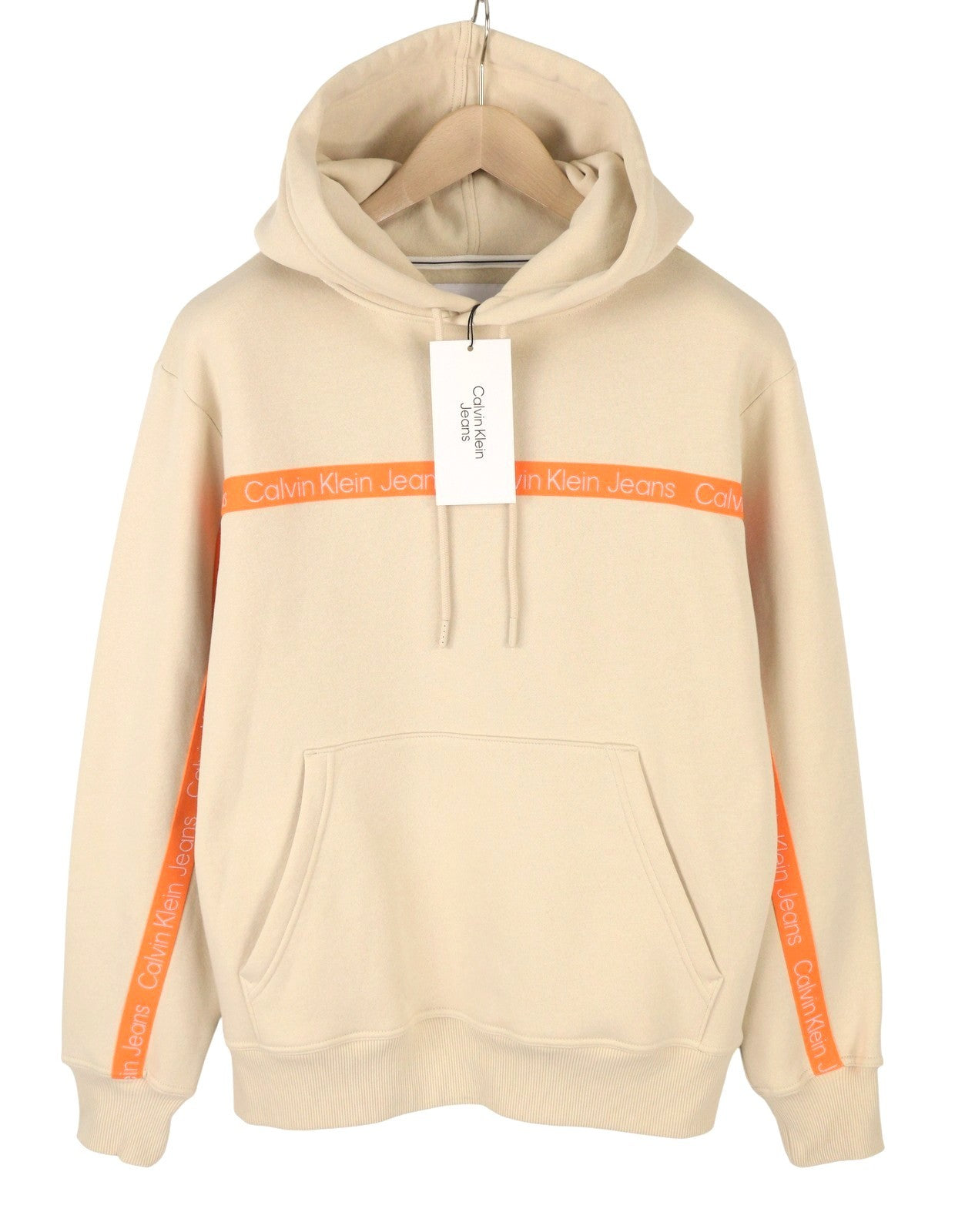 CALVIN KLEIN Men Hoodie M Classic Beige Kangaroo Pocket Logo Hooded Pullover