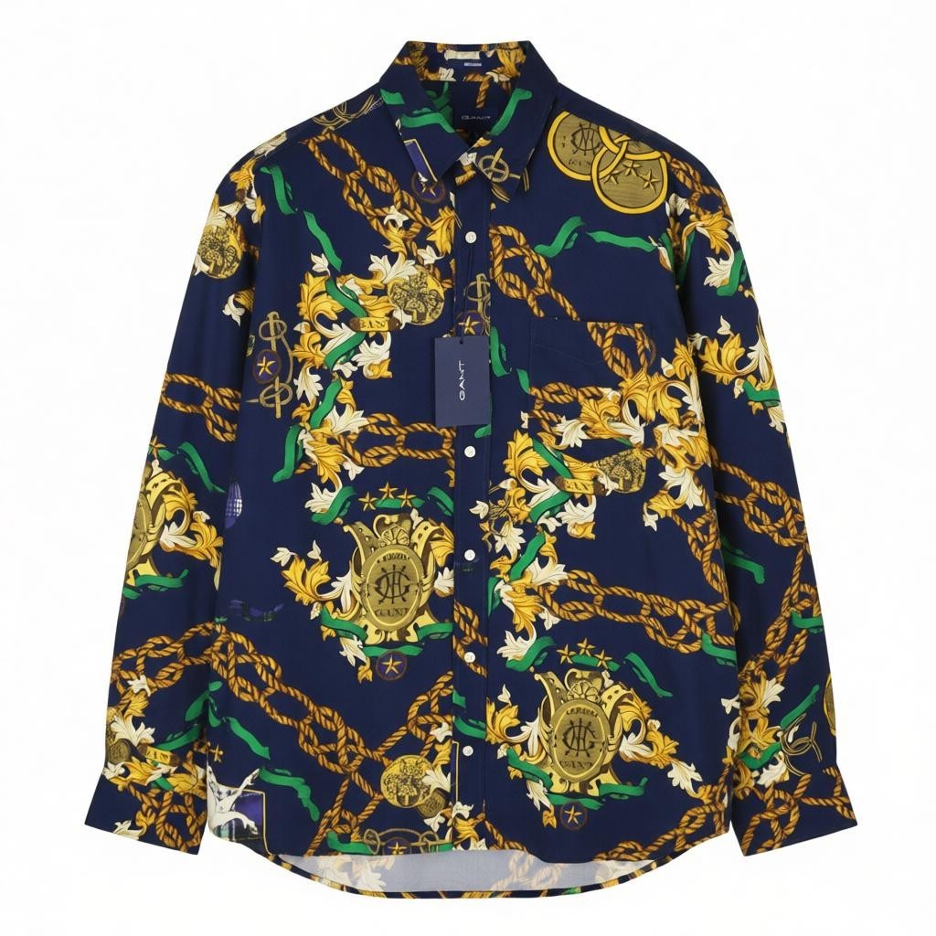 GANT Rel Chain Print Lyocell Town Men Shirt L Evening Blue Relaxed Fit Casual