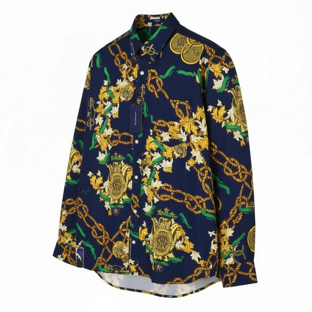 GANT Rel Chain Print Lyocell Town Men Shirt L Evening Blue Relaxed Fit Casual