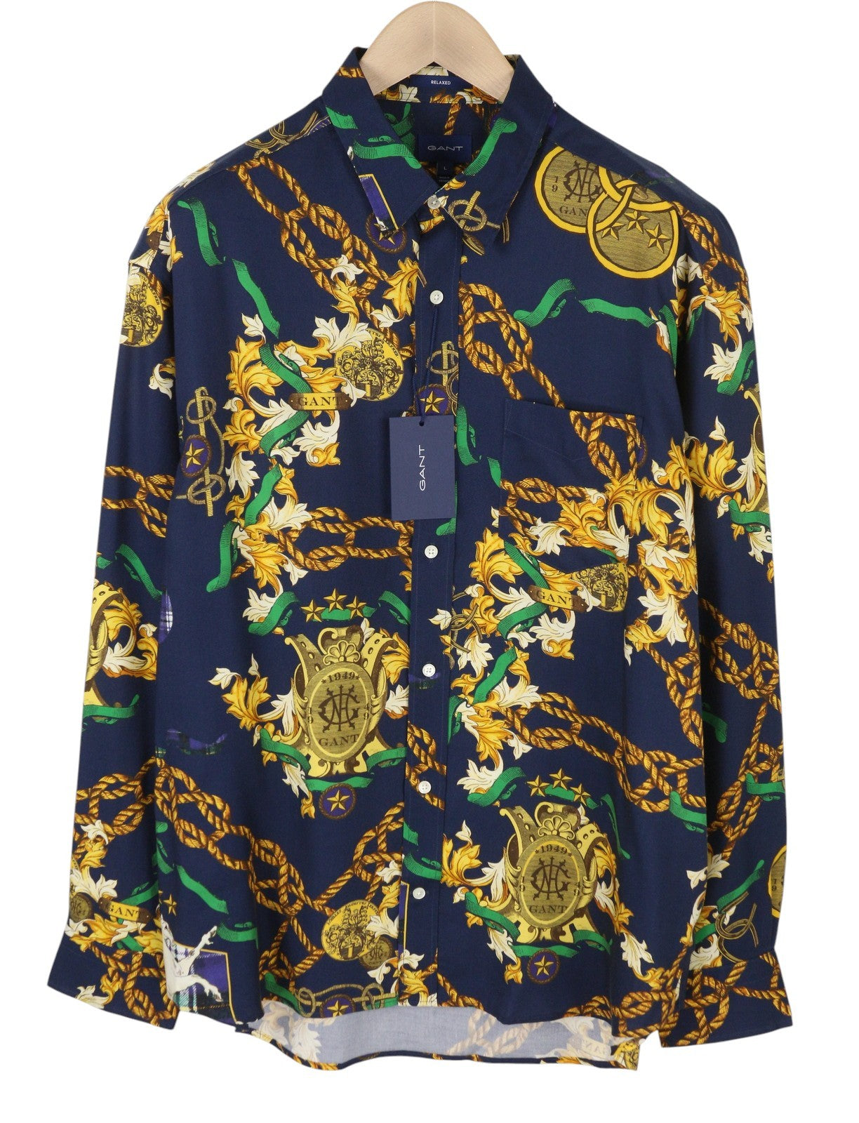 GANT Rel Chain Print Lyocell Town Men Shirt L Evening Blue Relaxed Fit Casual