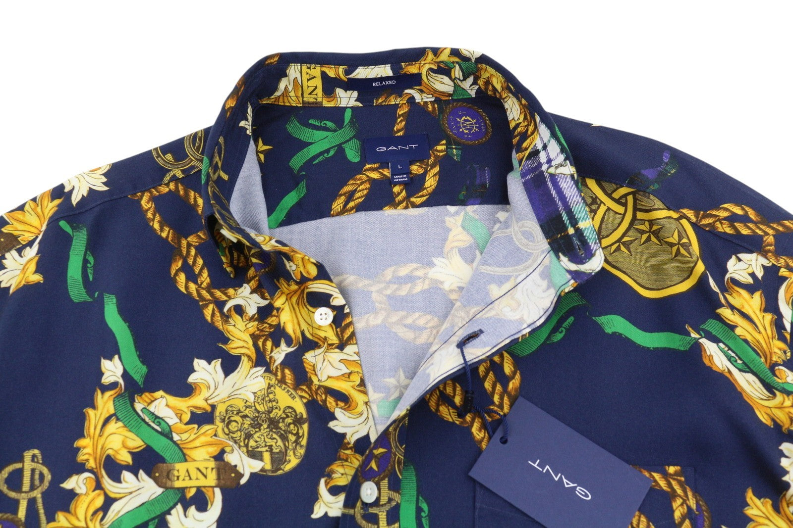 GANT Rel Chain Print Lyocell Town Men Shirt L Evening Blue Relaxed Fit Casual