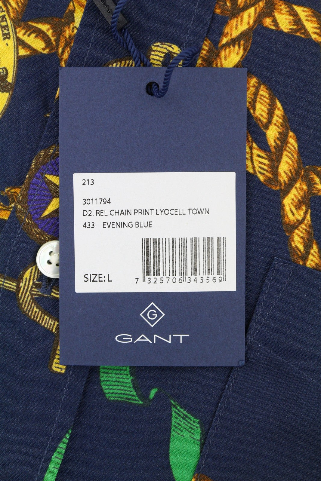 GANT Rel Chain Print Lyocell Town Men Shirt L Evening Blue Relaxed Fit Casual