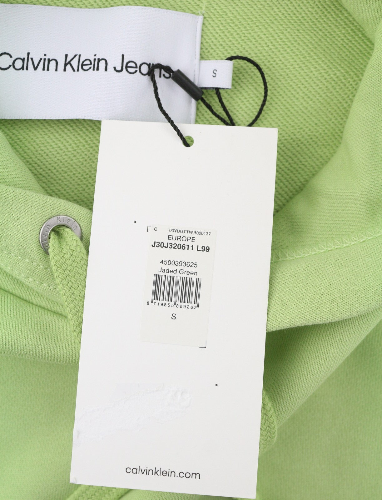 CALVIN KLEIN Men Hoodie S Jaded Green Kangaroo Pocket Logo Hooded Pullover
