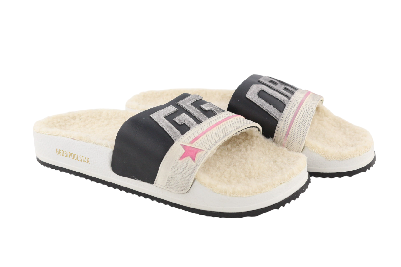 GOLDEN GOOSE Poolstar Women Slippers EU39 White Beige Faux Fur Slip-On Style