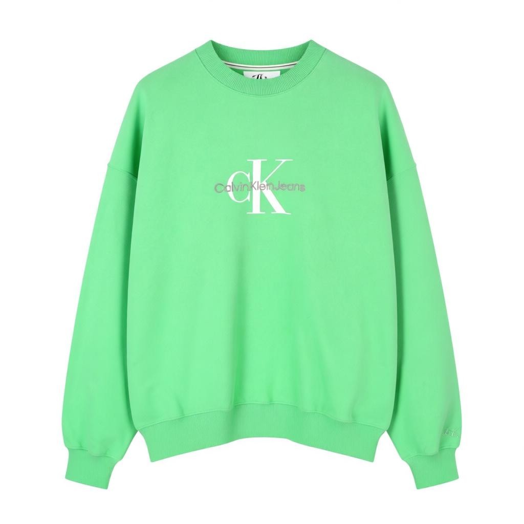 CALVIN KLEIN Men Sweatshirt L Green Crew Embroidered Logo Oversized Pullover