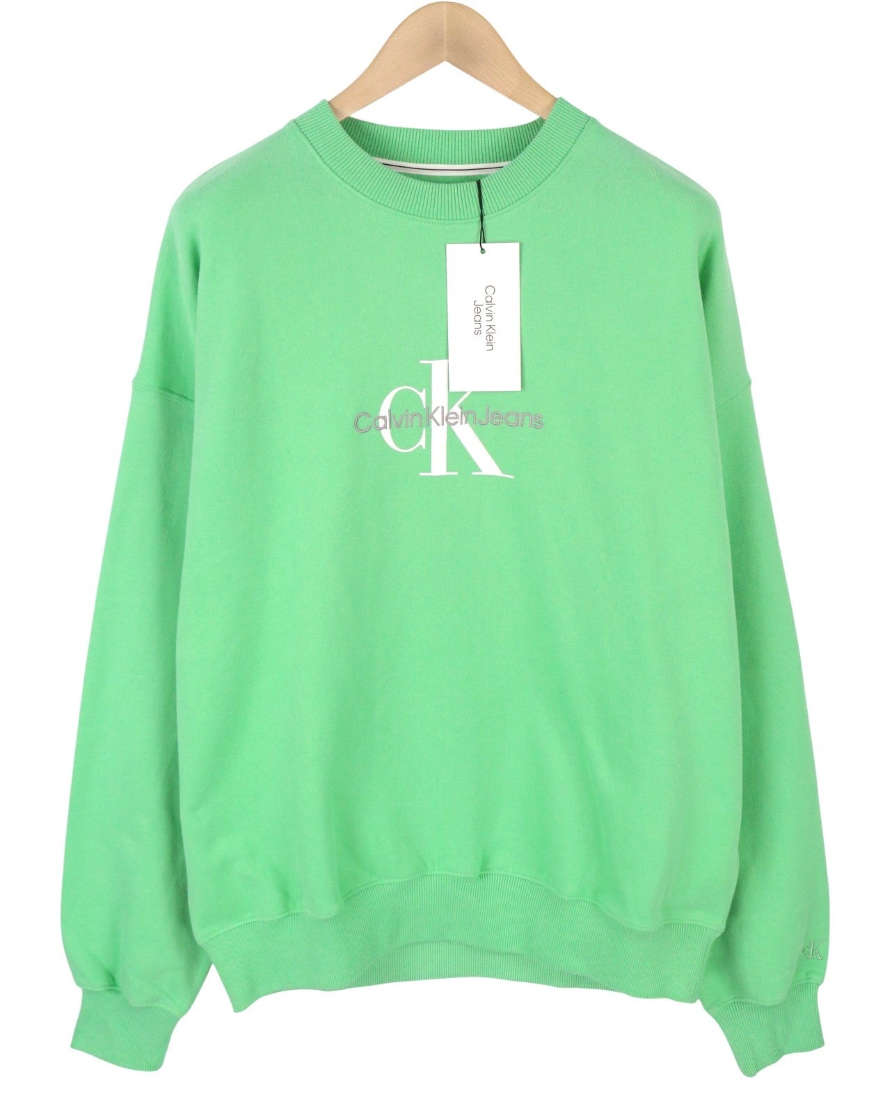 CALVIN KLEIN Men Sweatshirt L Green Crew Embroidered Logo Oversized Pullover