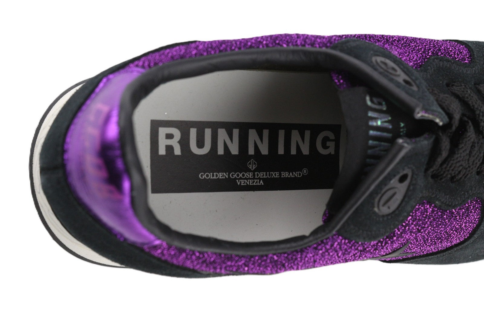 „GOLDEN GOOSE“ bėgimo bateliai moterims, 39 dydžio, violetiniai, juodi, odiniai, blizgantys, suvarstomi. 