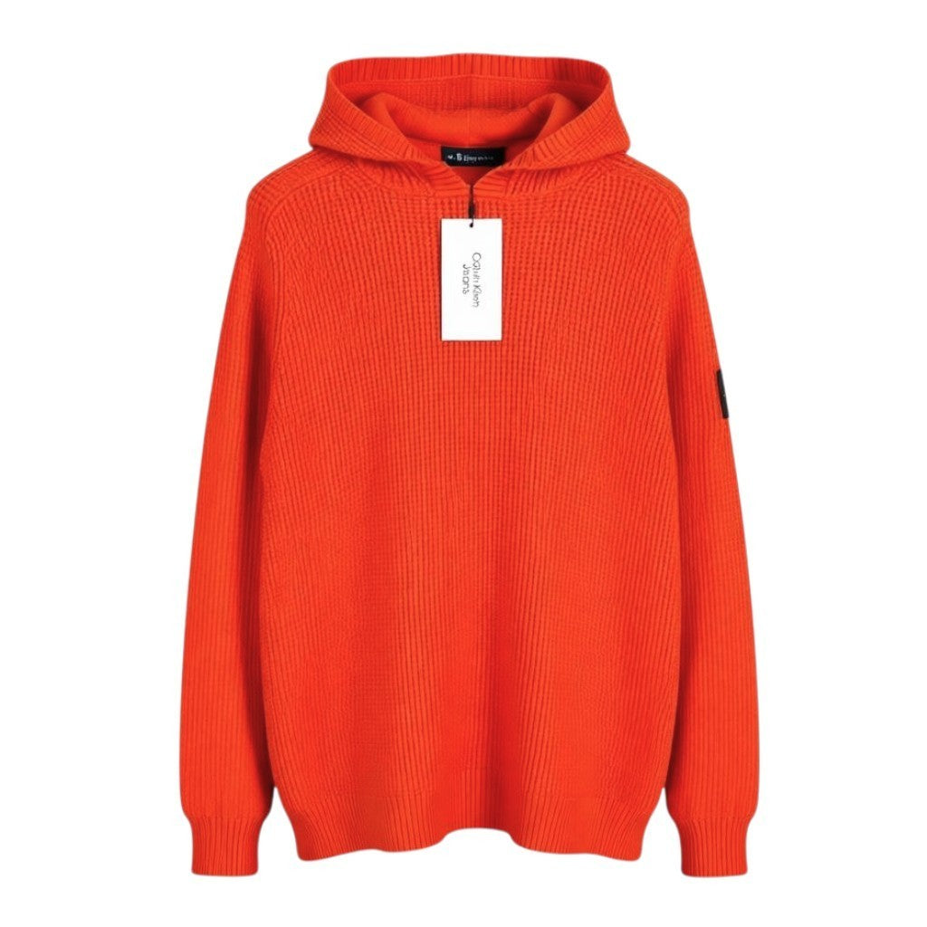 CALVIN KLEIN Men Jumper M Orange Cotton Knit Hooded Stretch Logo Pullover
