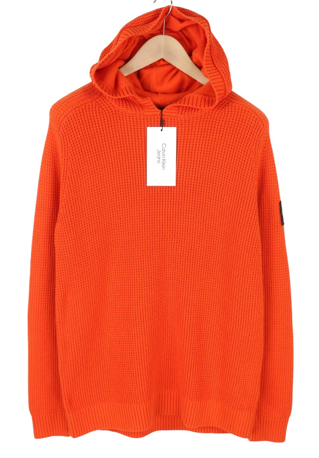 CALVIN KLEIN Men Jumper M Orange Cotton Knit Hooded Stretch Logo Pullover