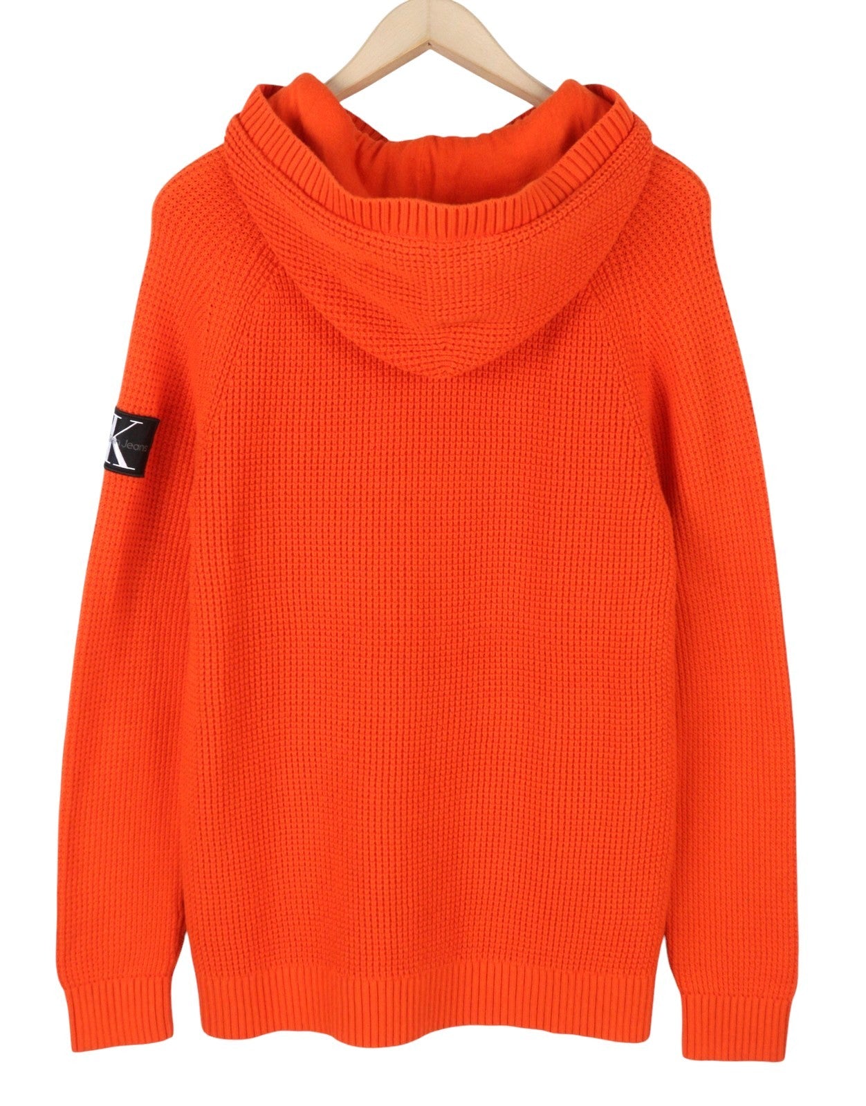 CALVIN KLEIN Men Jumper M Orange Cotton Knit Hooded Stretch Logo Pullover