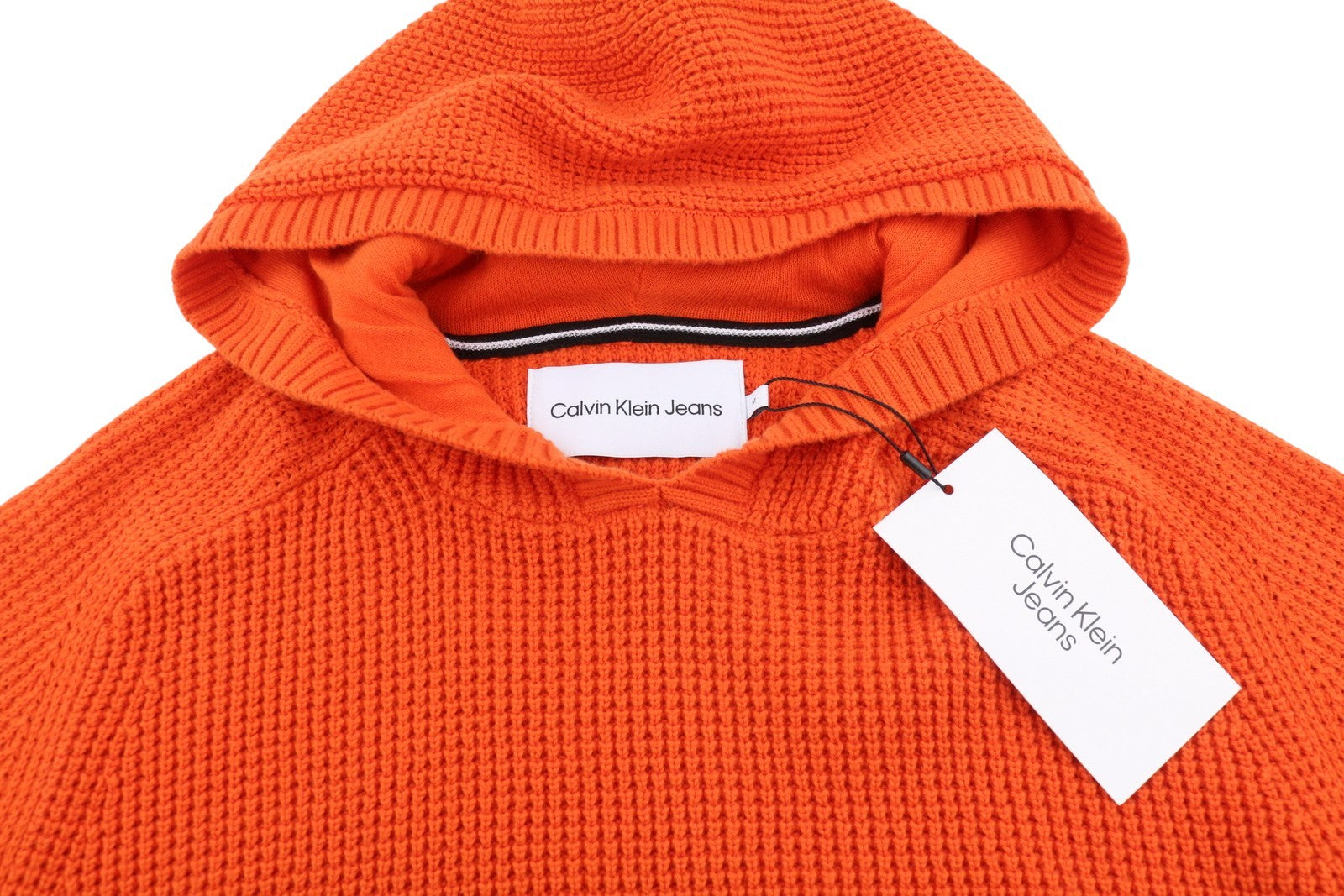 CALVIN KLEIN Men Jumper M Orange Cotton Knit Hooded Stretch Logo Pullover
