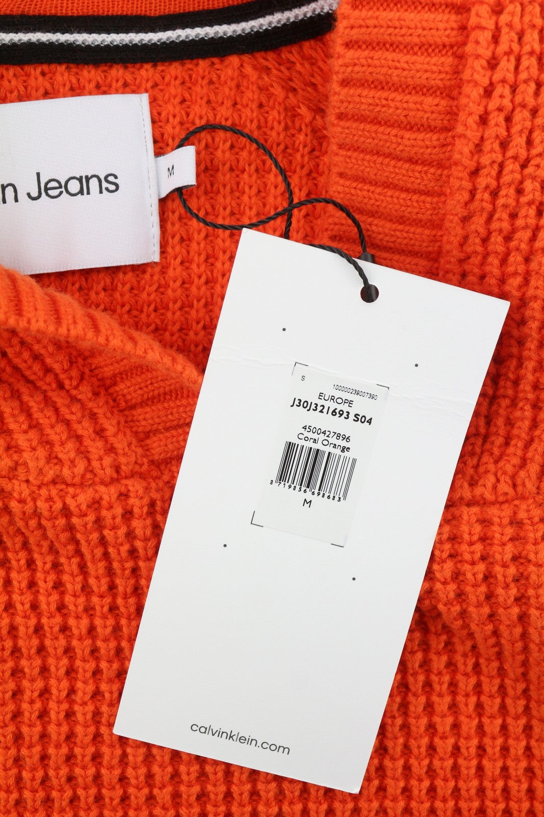 CALVIN KLEIN Men Jumper M Orange Cotton Knit Hooded Stretch Logo Pullover