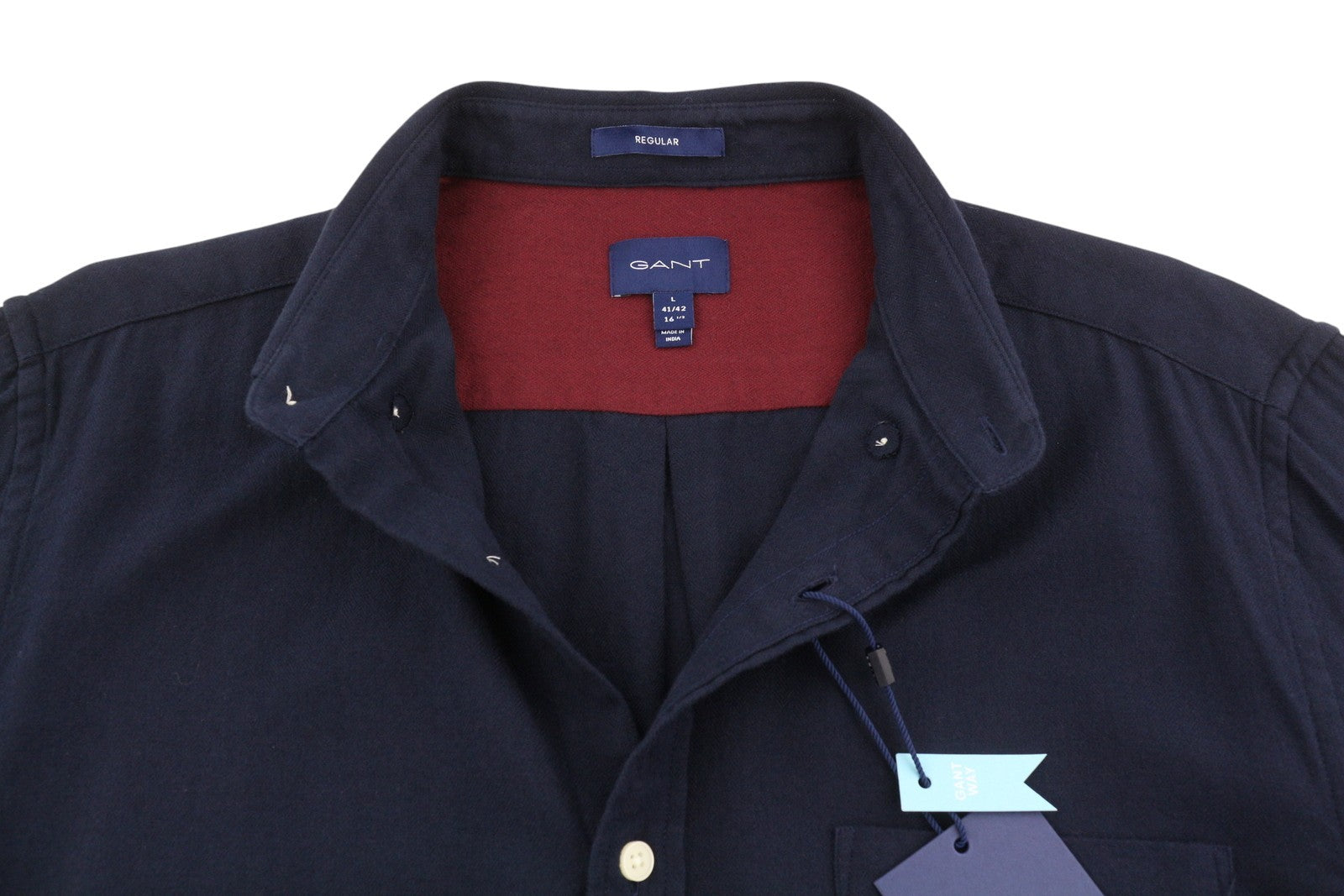 GANT Reg Herringbone Flannel Men Shirt L Evening Blue Button-Down Neck Casual