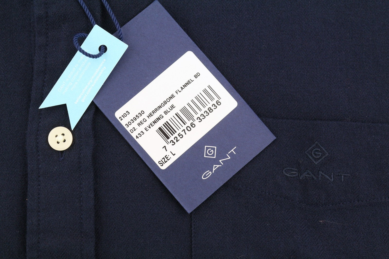 GANT Reg Herringbone Flannel Men Shirt L Evening Blue Button-Down Neck Casual