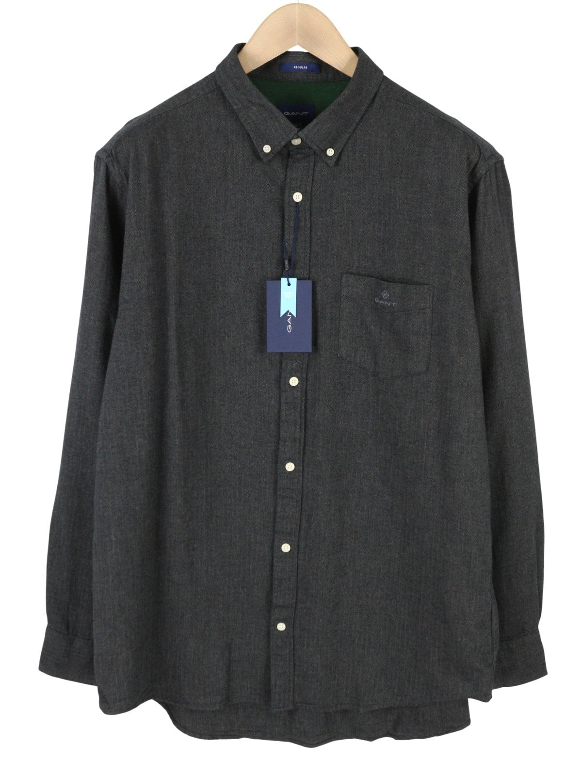 GANT Reg Herringbone Flannel Men Shirt XL Charcoal Melange Patch Pocket Casual