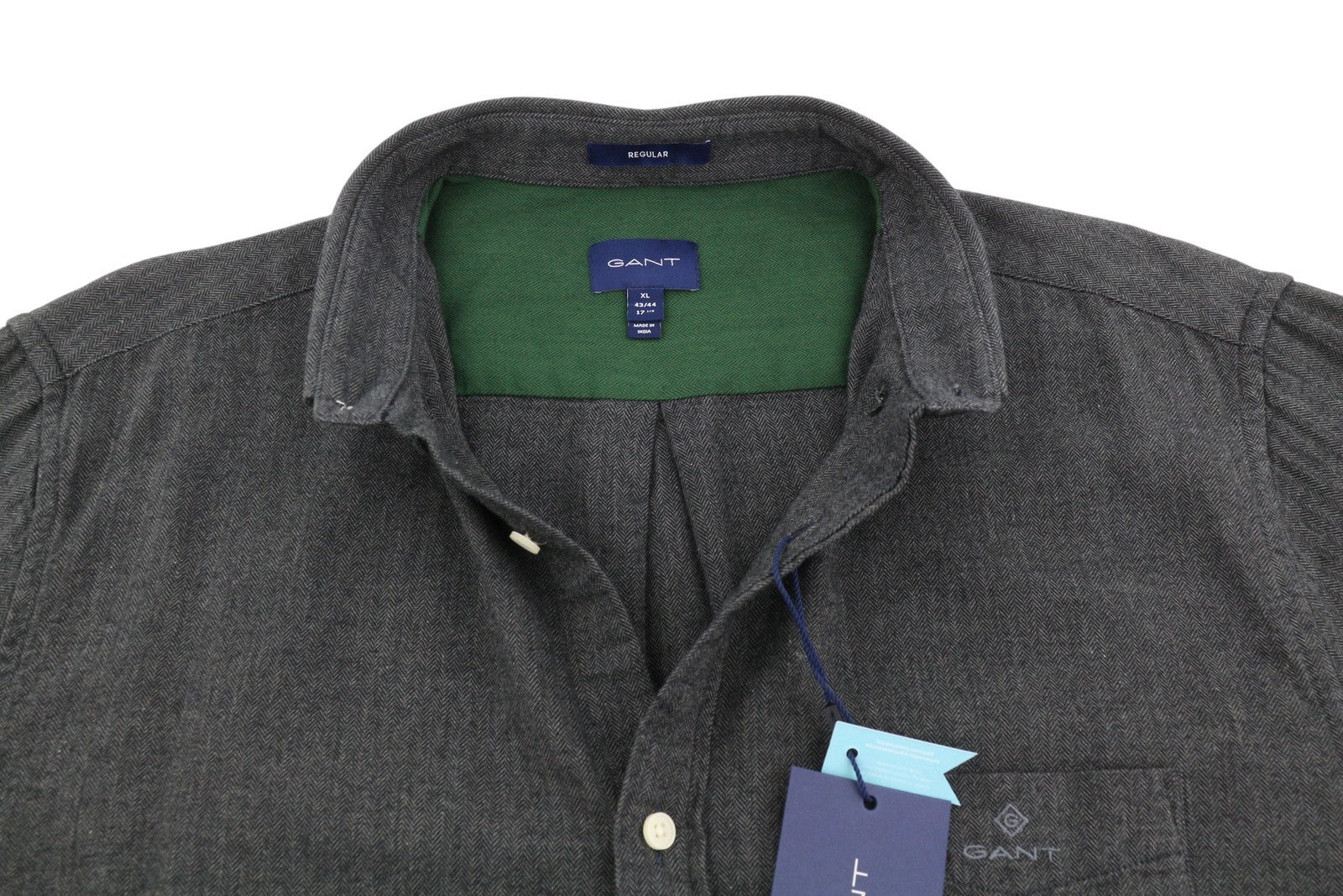 GANT Reg Herringbone flaneliniai vyriški marškinėliai XL dydžio, tamsiai pilkos spalvos, su užtiestomis kišenėmis, laisvalaikio stiliaus 