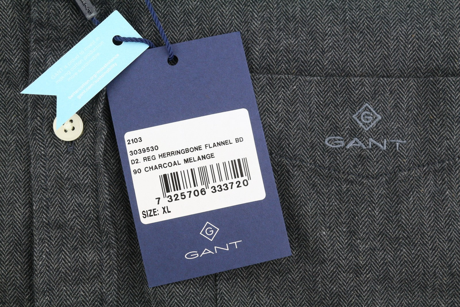 GANT Reg Herringbone flaneliniai vyriški marškinėliai XL dydžio, tamsiai pilkos spalvos, su užtiestomis kišenėmis, laisvalaikio stiliaus 